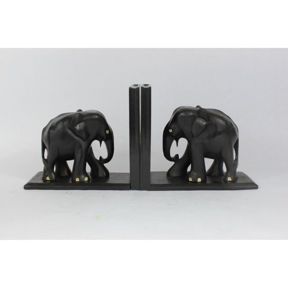 Hand Carved Wooden Elephant Bookends, Vintage Wood Book Ends, Carved Elephant De - Picture 1 of 13